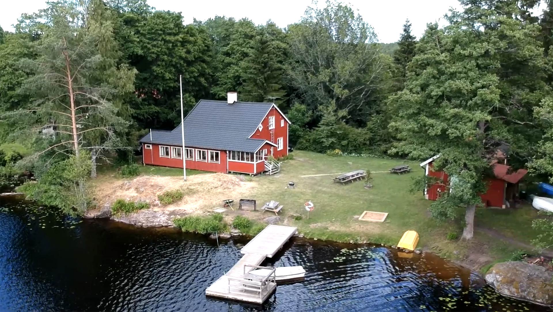 The classic red Swedish cabin by the lake with dock and garden